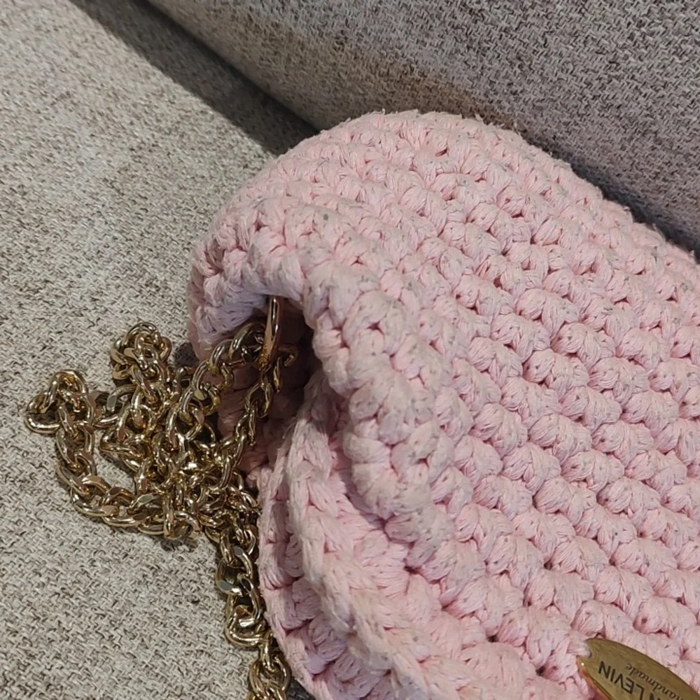 Martin Levin Handmade Crochet Woven Pink Bag w/Gold Hardware